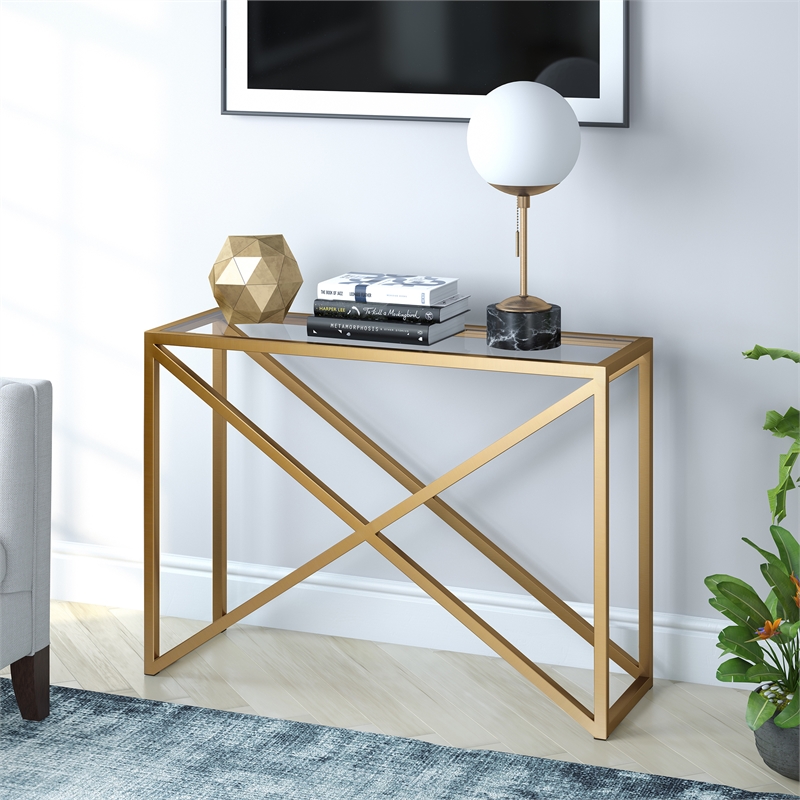 Pemberly Row Traditional 30' Geometric Metal Console Table in Brass