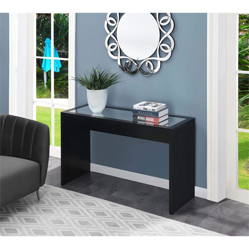 Pemberly Row Transitional Mirrored Console Table in Black Wood Finish
