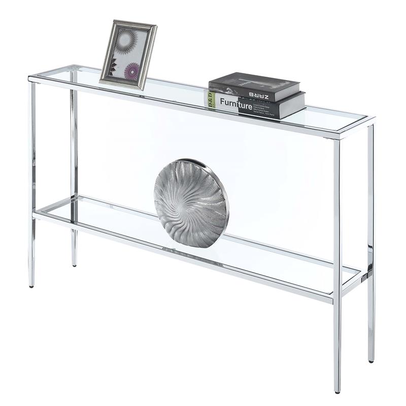 Pemberly Row Modern Chrome Metal Console Table with Glass Shelves