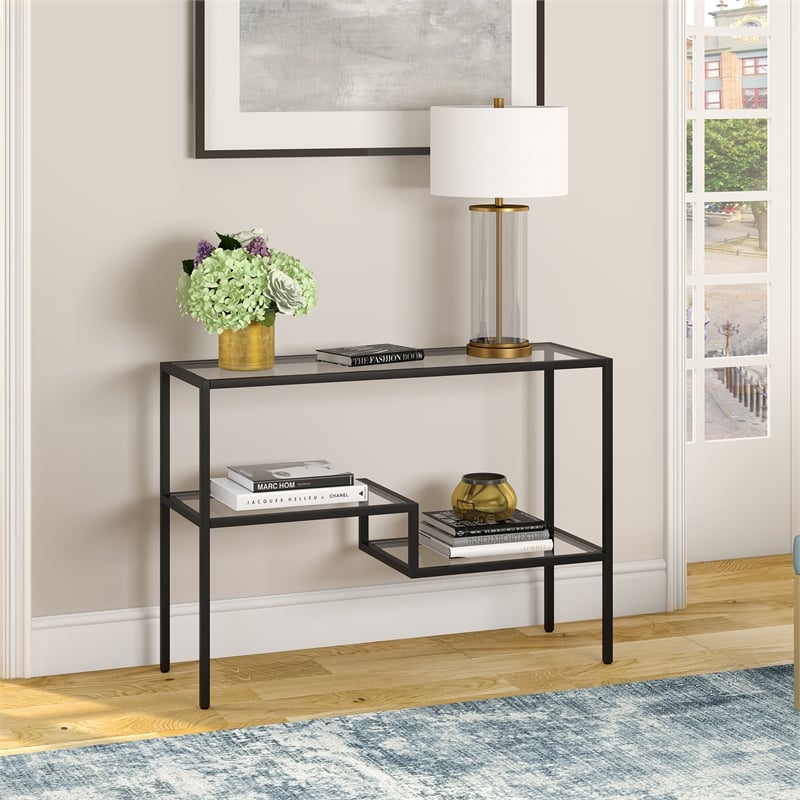 Pemberly Row Traditional Two Tier Metal Console Table in Black and Bronze