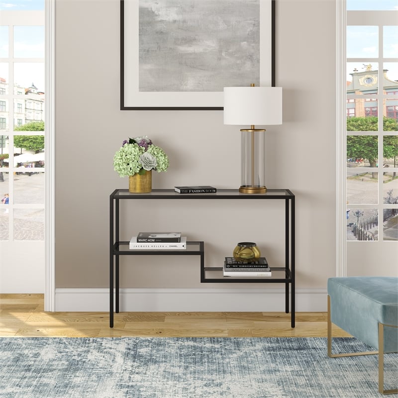 Pemberly Row Traditional Two Tier Metal Console Table in Black and Bronze
