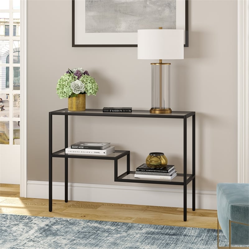 Pemberly Row Traditional Two Tier Metal Console Table in Black and Bronze