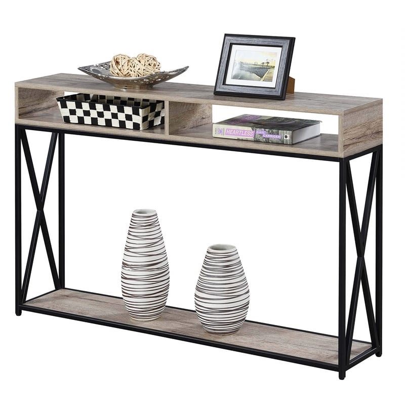 Pemberly Row Contemporary Deluxe 2 Tier Console Table in Brown Wood Finish