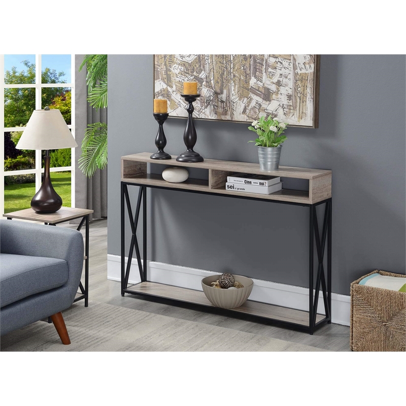 Pemberly Row Contemporary Deluxe 2 Tier Console Table in Brown Wood Finish