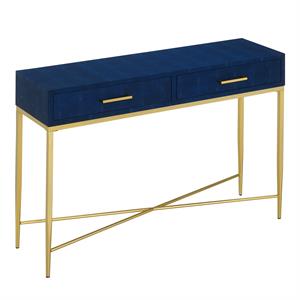 pemberly row modern console table in blue faux leather/gold wood finish