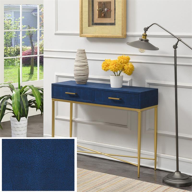 Pemberly Row Modern Console Table in Blue Faux Leather Gold Wood Finish
