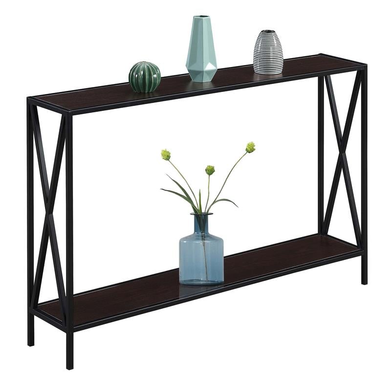 Pemberly Row Modern Console Table in Espresso Wood Finish and Black Steel Frame