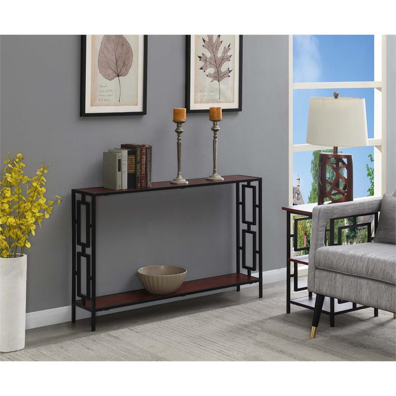 Pemberly Row Contemporary Black Metal Frame Console Table in Cherry Wood Finish