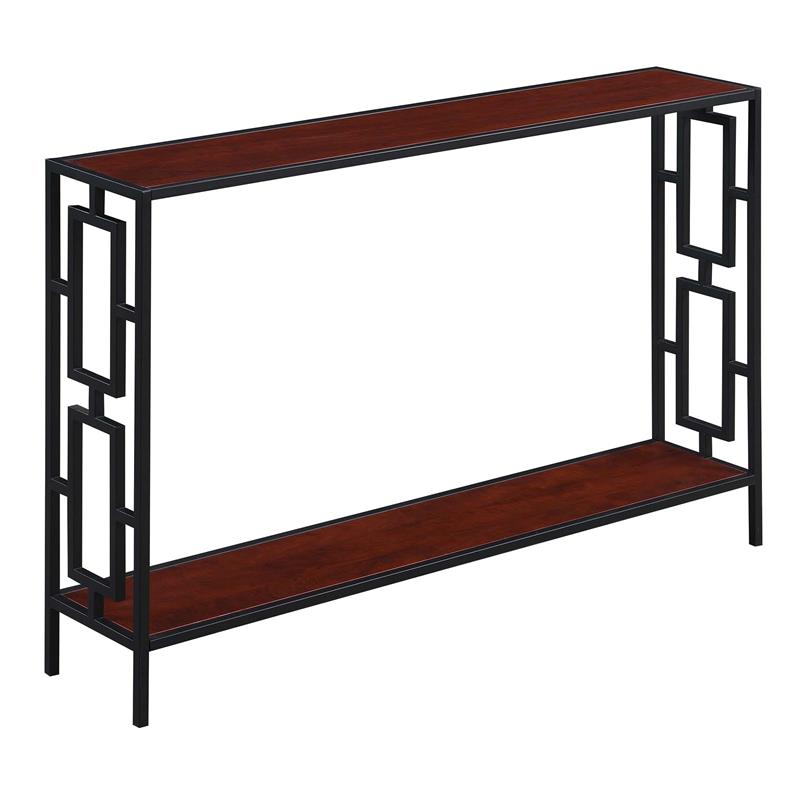Pemberly Row Contemporary Black Metal Frame Console Table in Cherry Wood Finish