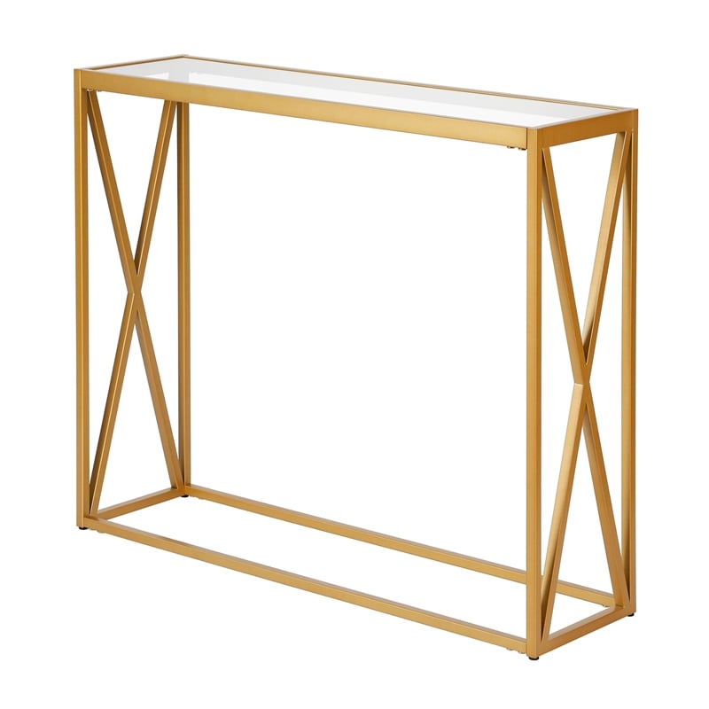 Pemberly Row Modern Geometric Glass Top Console Table in Brass