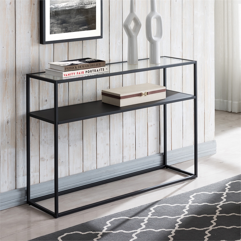 Pemberly Row Modern Black and Bronze Console Table with Solid Metal Shelf