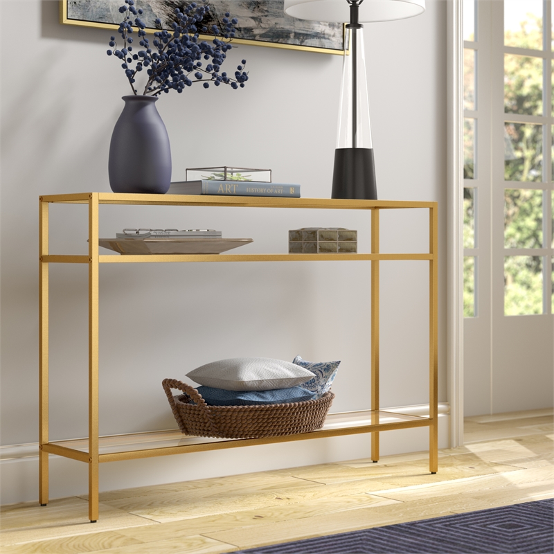Pemberly Row Modern Brass Metal Console Table 42inch W in Black