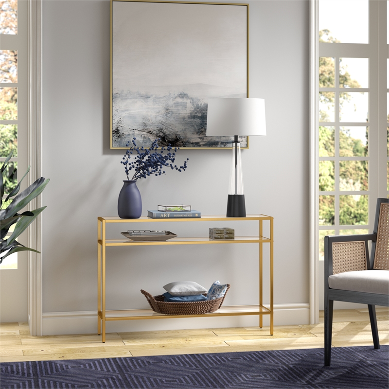 Pemberly Row Modern Brass Metal Console Table 42inch W in Black