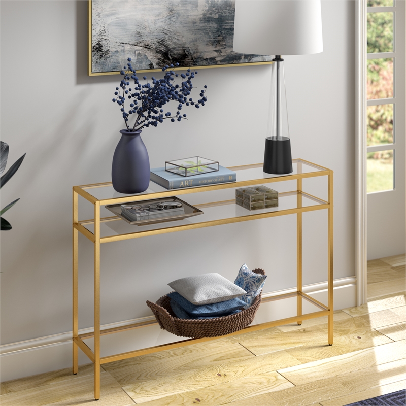 Pemberly Row Modern Brass Metal Console Table 42inch W in Black