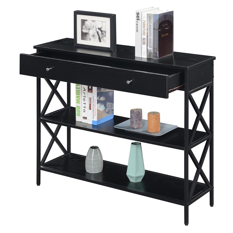 Pemberly Row Modern One-Drawer Console Table in Black Wood and Metal