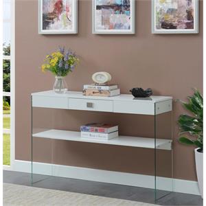 pemberly row modern one-drawer console table in clear glass with white wood top