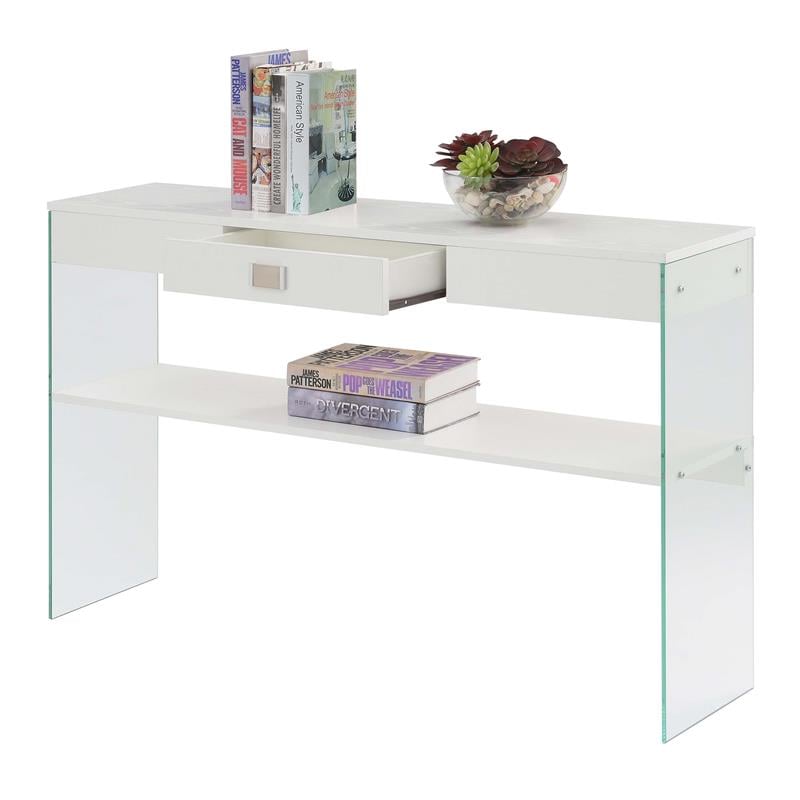 Pemberly Row Modern One-Drawer Console Table in Clear Glass with White Wood Top