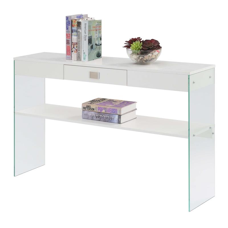 Pemberly Row Modern One-Drawer Console Table in Clear Glass with White Wood Top