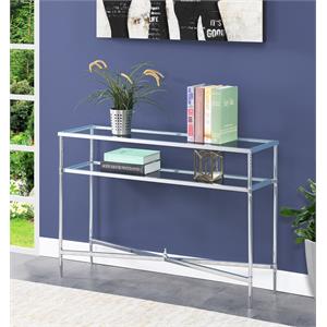 pemberly row contemporary console table in clear glass and chrome metal frame