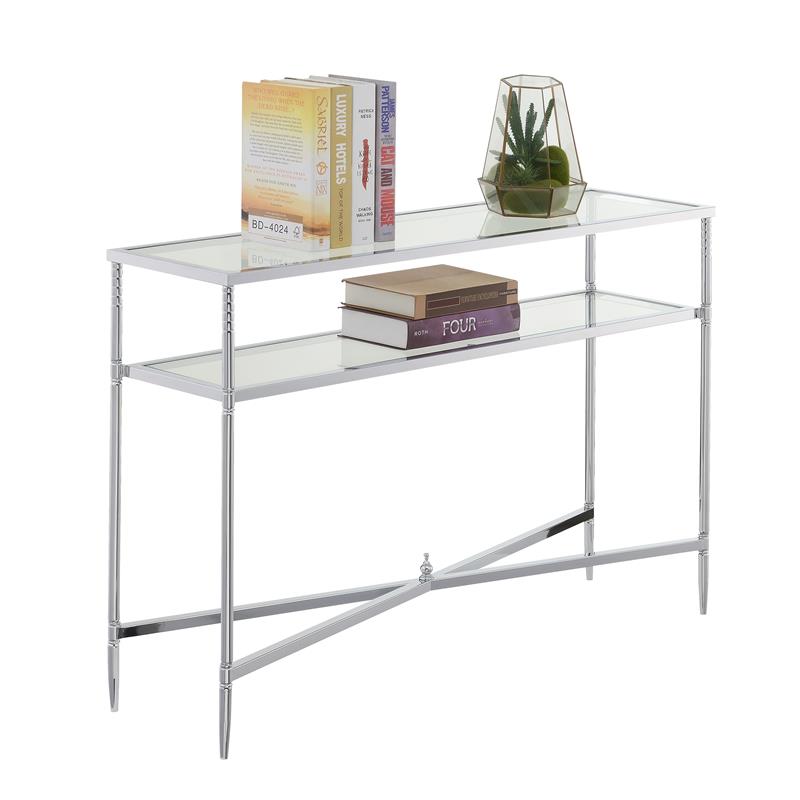 Pemberly Row Contemporary Console Table in Clear Glass and Chrome Metal Frame