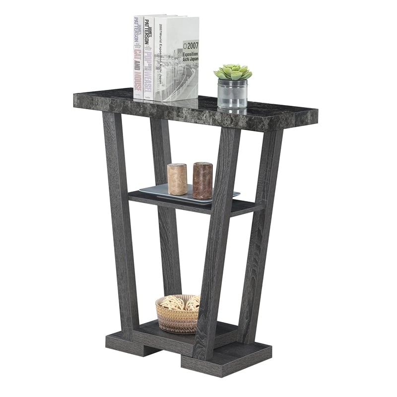 Pemberly Row Contemporary V Console Table in Gray Wood with Faux Marble Top