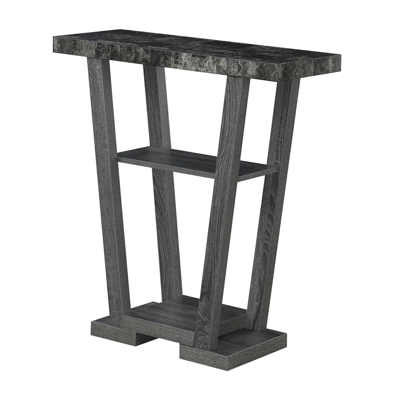 Pemberly Row Contemporary V Console Table in Gray Wood with Faux Marble Top