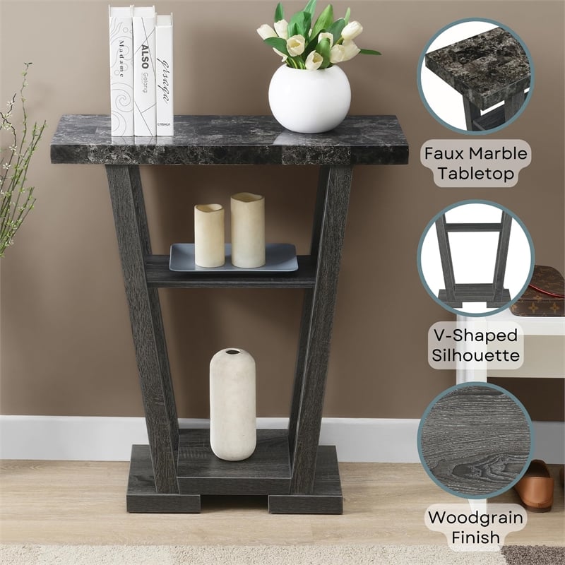 Pemberly Row Contemporary V Console Table in Gray Wood with Faux Marble Top
