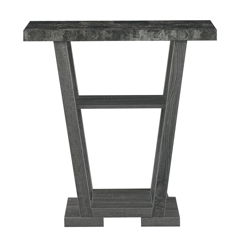 Pemberly Row Contemporary V Console Table in Gray Wood with Faux Marble Top