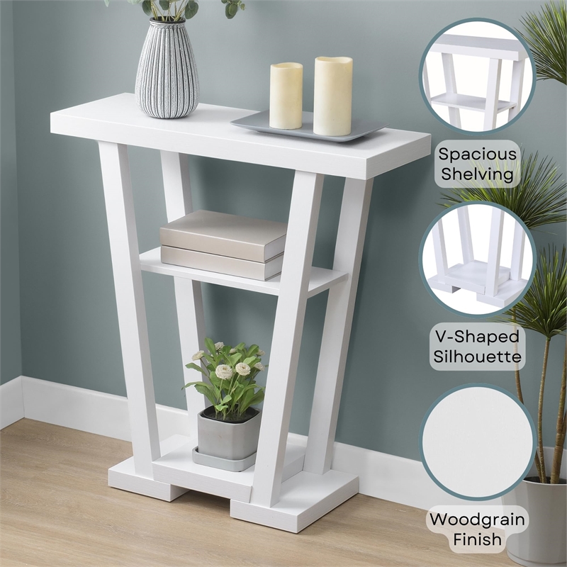 Pemberly Row Modern V Console Table in White Wood and Faux Marble Top
