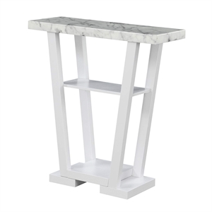 Pemberly Row Modern V Console Table in White Wood and Faux Marble Top