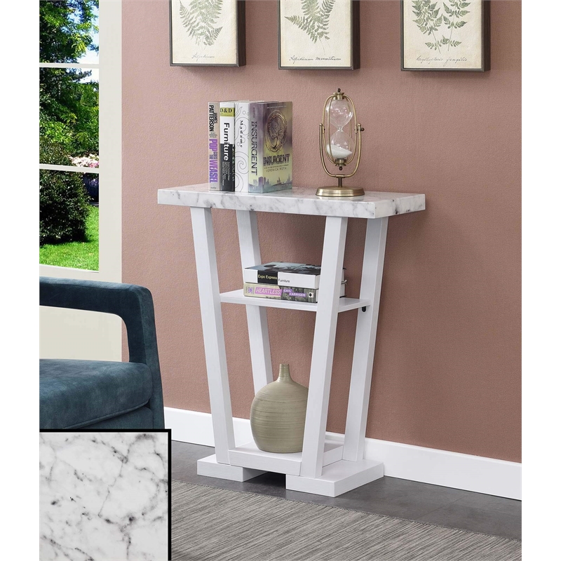 Pemberly Row Modern V Console Table in White Wood and Faux Marble Top