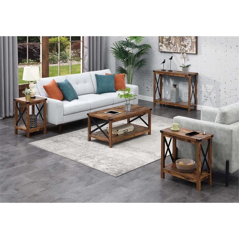 Pemberly Row Modern Console Table in Nutmeg Wood Finish and Black Metal