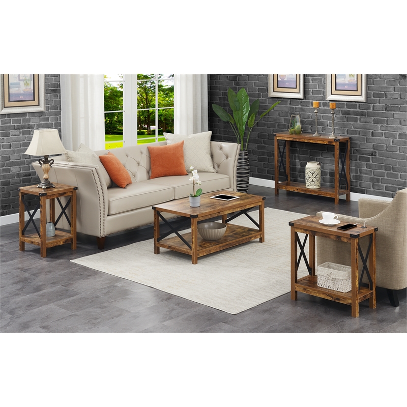 Pemberly Row Modern Console Table in Nutmeg Wood Finish and Black Metal