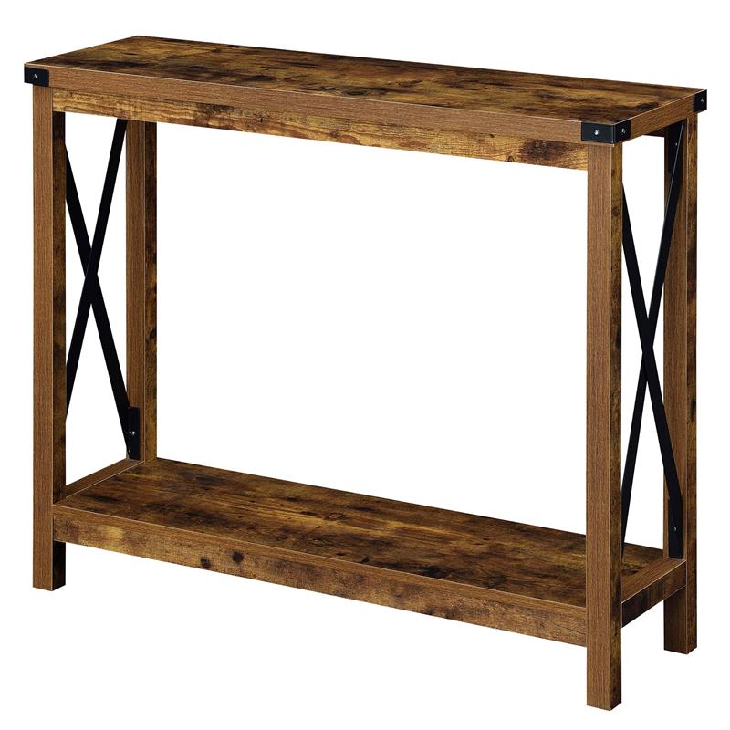 Pemberly Row Modern Console Table in Nutmeg Wood Finish and Black Metal