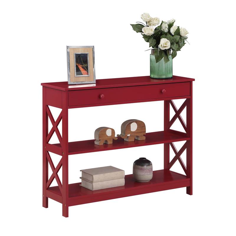 Pemberly Row Transitional One-Drawer Console Table with Shelves in Cranberry Red