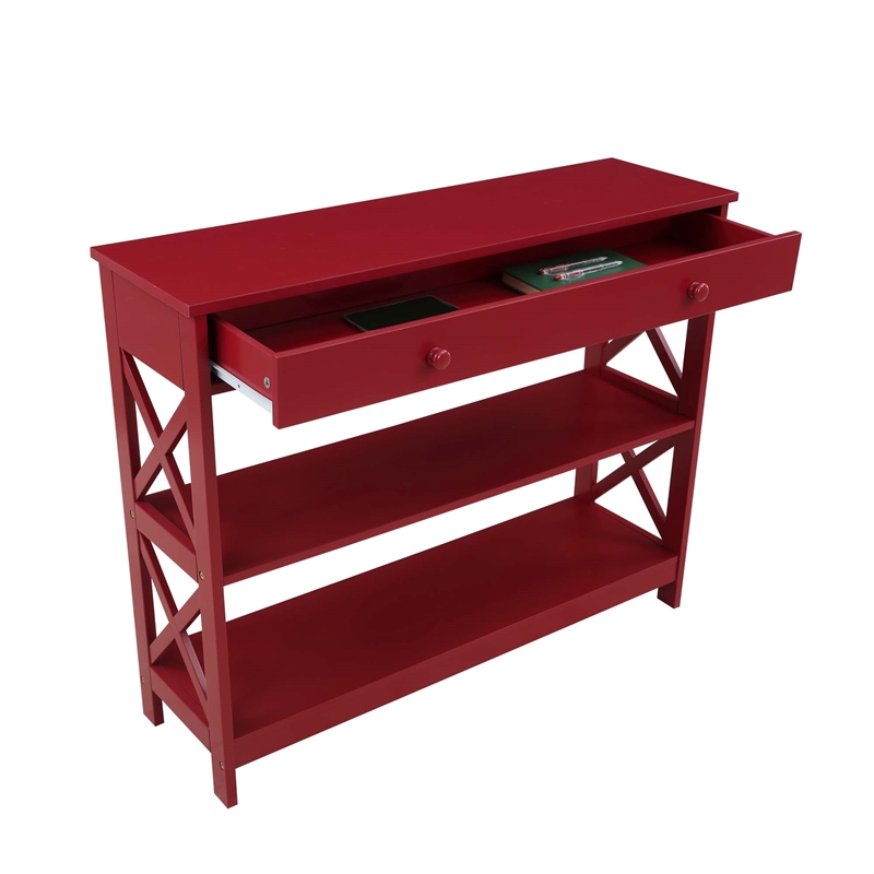 Pemberly Row Transitional One-Drawer Console Table with Shelves in Cranberry Red