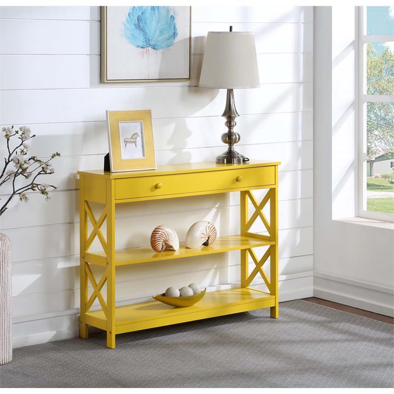 Pemberly Row Transitional One-Drawer Console Table with Shelves in Yellow Wood