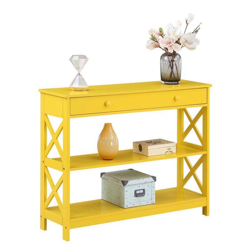 Pemberly Row Transitional One-Drawer Console Table with Shelves in Yellow Wood