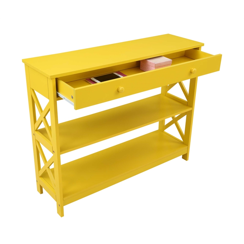 Pemberly Row Transitional One-Drawer Console Table with Shelves in Yellow Wood