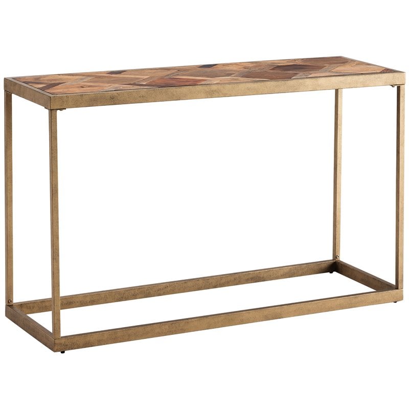 Pemberly Row Farmhouse Wood Top Console Table in Brass