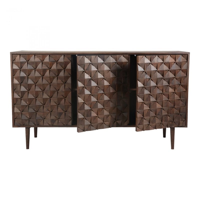 Pemberly Row 3-Door Modern Solid Sheesham Wood Sideboard in Dark Brown