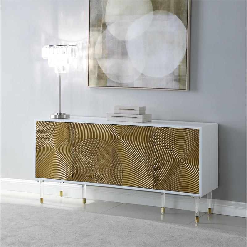 Pemberly Row Solid Wood Sideboard/Buffet in White Lacquer/Gold