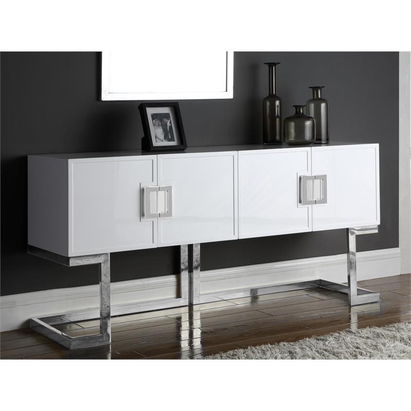 Pemberly Row Solid Wood Sideboard Buffet in White Lacquer and Chrome