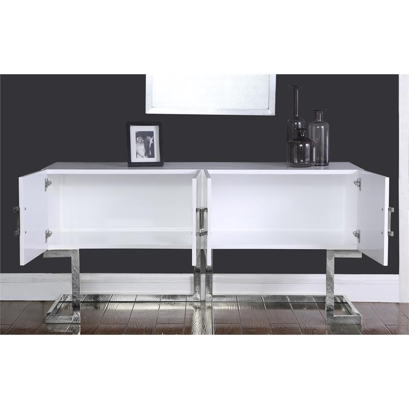 Pemberly Row Solid Wood Sideboard Buffet in White Lacquer and Chrome