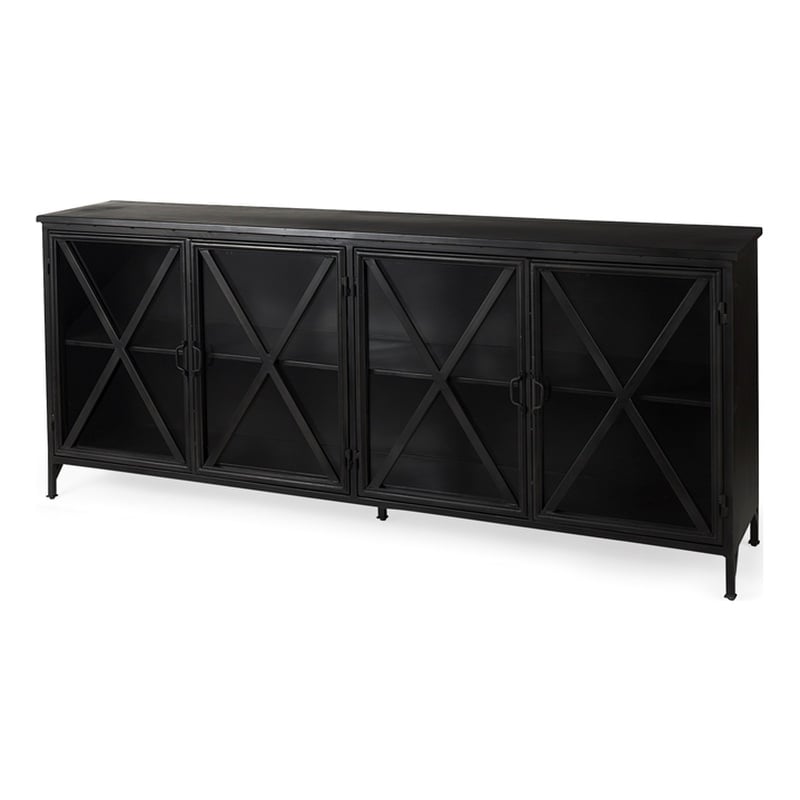 Pemberly Row 79x16 Black Polished Metal With Glass Four Door Sideboard