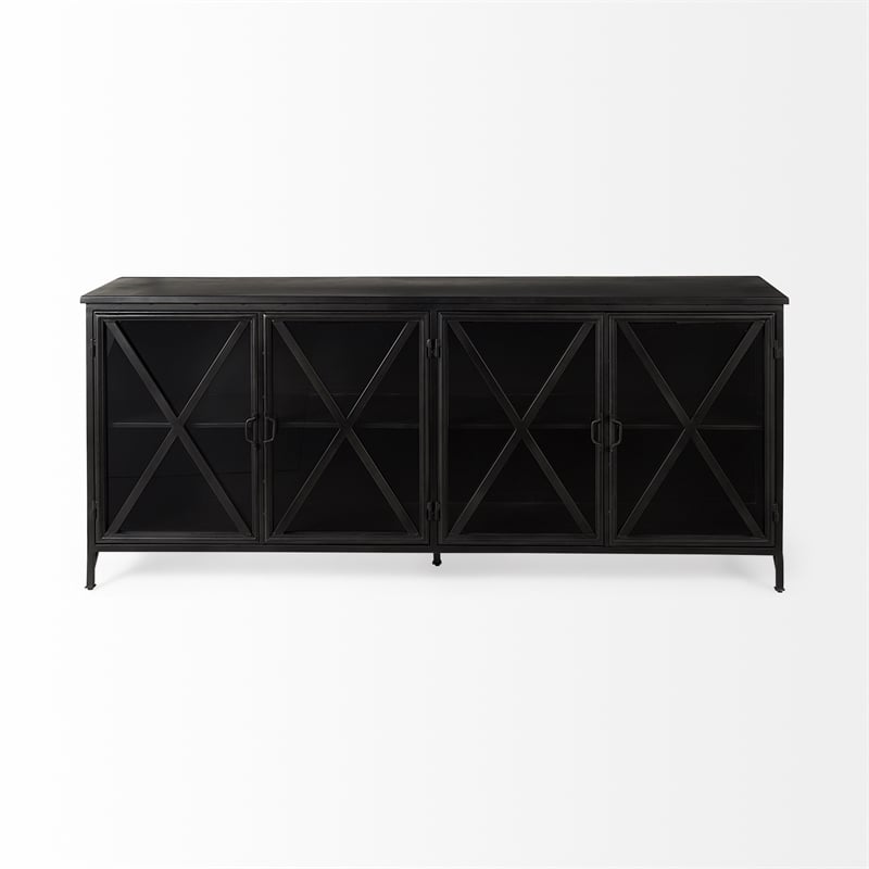 Pemberly Row 79x16 Black Polished Metal With Glass Four Door Sideboard