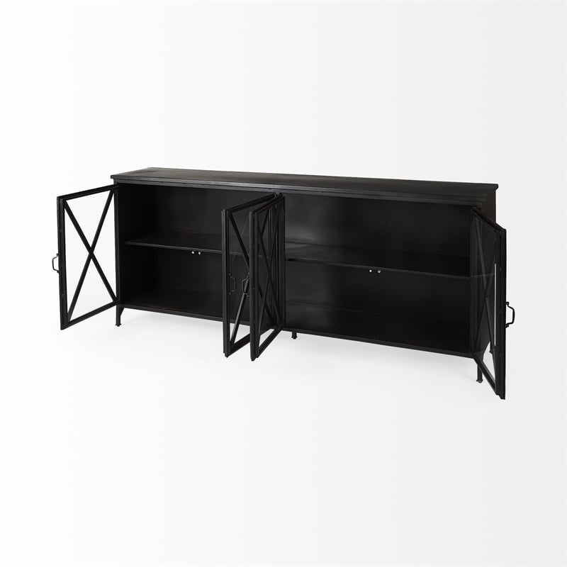Pemberly Row 79x16 Black Polished Metal With Glass Four Door Sideboard