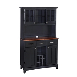 pemberly row large wood buffet with cherry wood top and 2-door hutch in black