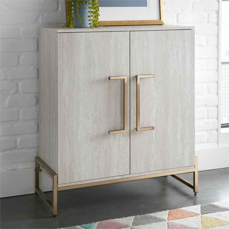 Pemberly Row Modern Faux Marble and Gold Metal Base Wine Cabinet