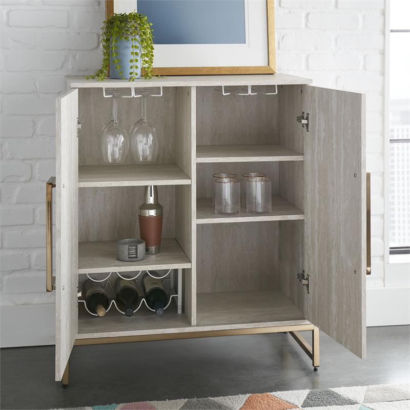 Pemberly Row Modern Faux Marble and Gold Metal Base Wine Cabinet